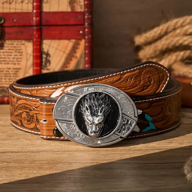 Western Lone Wolf DIY Hidden Folding Knife Buckle Leather Belt - Wolf - Brown Feather Belt - 40 - image 7