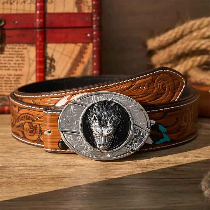 Western Lone Wolf DIY Hidden Folding Knife Buckle Leather Belt - Wolf - Brown Feather Belt - 40 - image 7