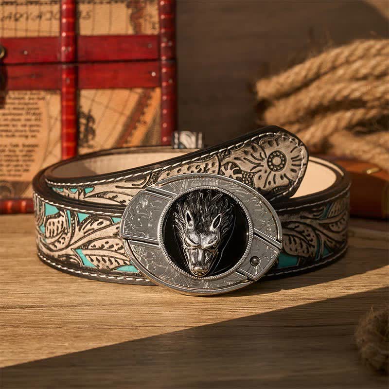 Western Lone Wolf DIY Hidden Folding Knife Buckle Leather Belt - Wolf - Gray Floral Belt - 42 - image 8