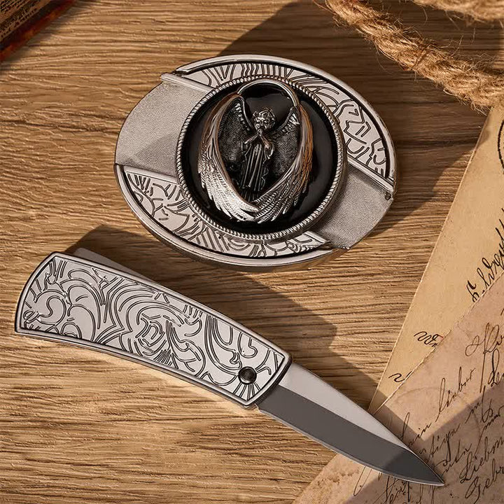 Gothic Praying Guardian Angel DIY Hidden Folding Knife Buckle Leather Belt - image 1