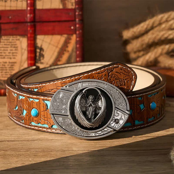 Gothic Praying Guardian Angel DIY Hidden Folding Knife Buckle Leather Belt - Guardian Angel - Turquoise Carved Belt - 42 - image 3