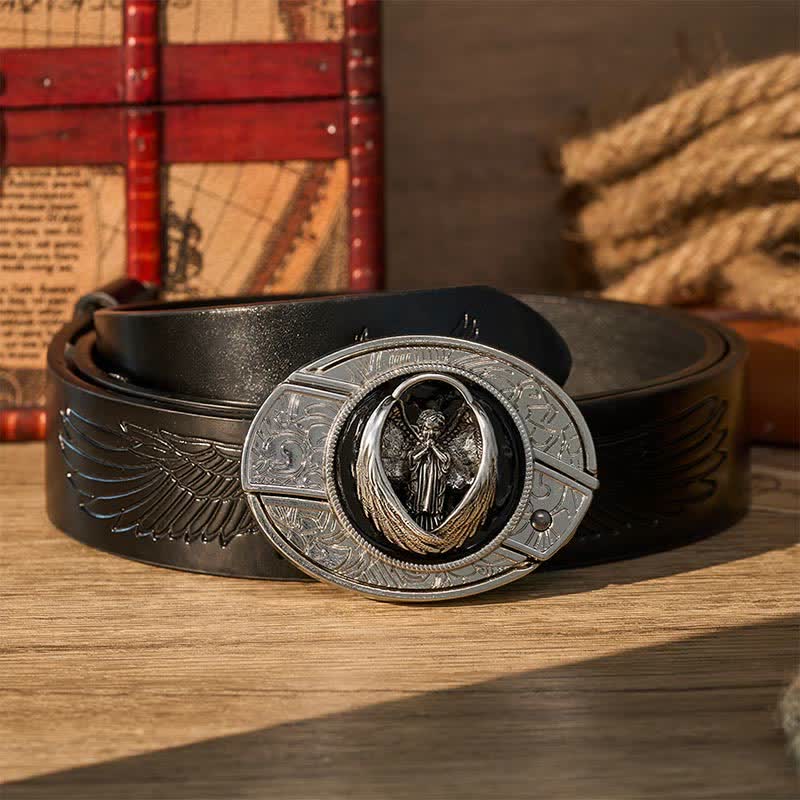 Gothic Praying Guardian Angel DIY Hidden Folding Knife Buckle Leather Belt - Guardian Angel - Black Embossed Eagle Belt - 42 - image 2
