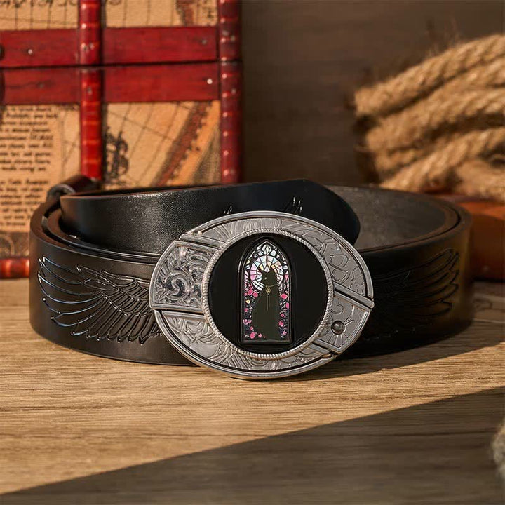 Witching Hour Black Cat DIY Hidden Folding Knife Buckle Leather Belt - Witching Cat - Black Embossed Eagle Belt - 42 - image 2