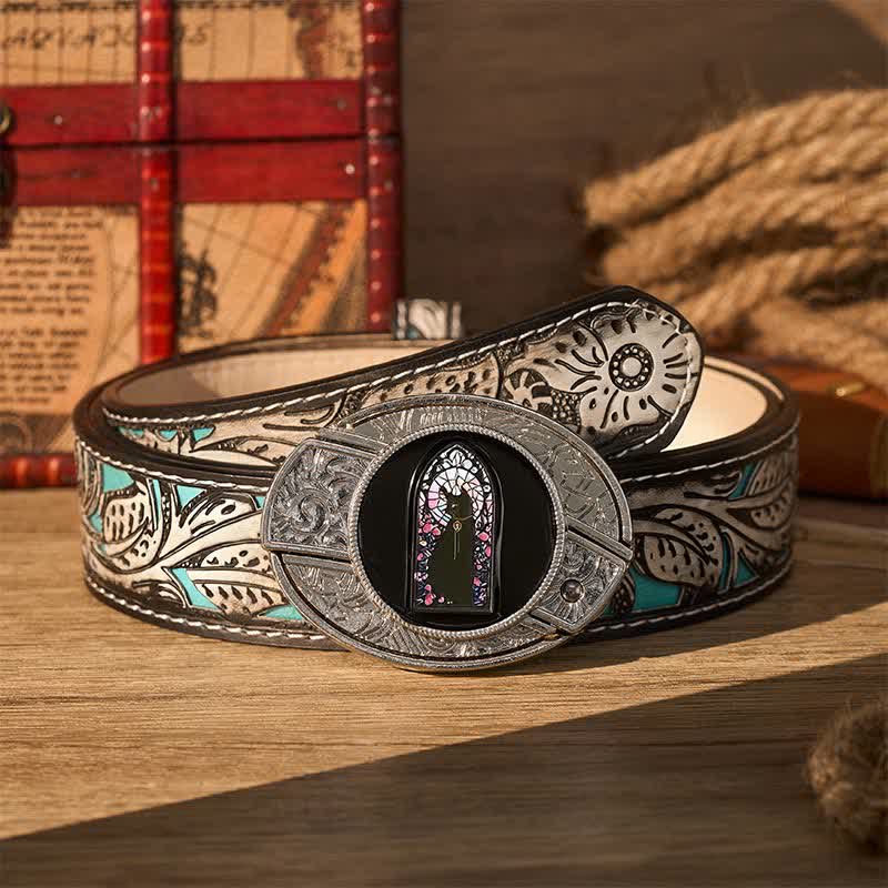 Witching Hour Black Cat DIY Hidden Folding Knife Buckle Leather Belt - Witching Cat - Gray Floral Belt - 42 - image 8