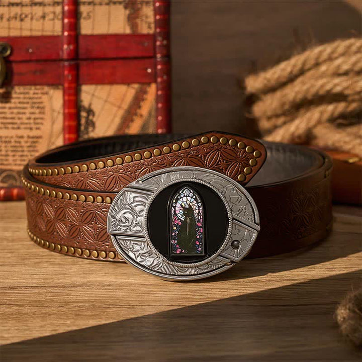 Witching Hour Black Cat DIY Hidden Folding Knife Buckle Leather Belt - Witching Cat - Brown Rivet Belt - 42 - image 4