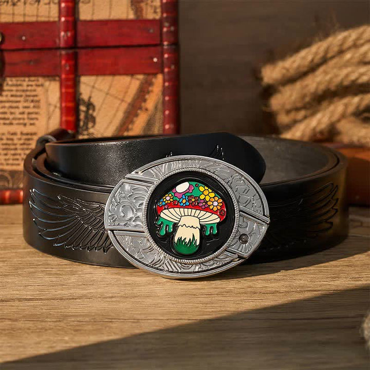 Colorful Hippie Mushroom DIY Hidden Folding Knife Buckle Leather Belt - Colored Mushroom - Black Embossed Eagle Belt - 42 - image 2