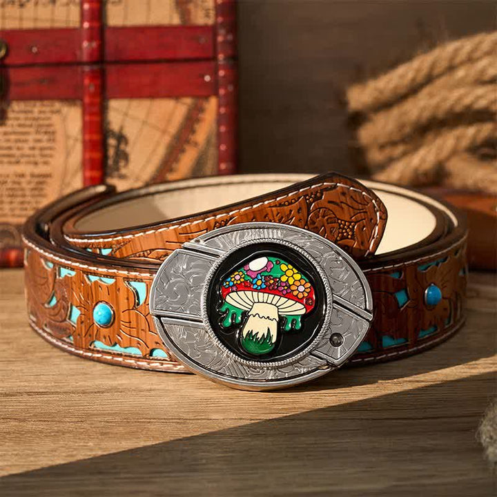 Colorful Hippie Mushroom DIY Hidden Folding Knife Buckle Leather Belt - Colored Mushroom - Turquoise Carved Belt - 42 - image 3