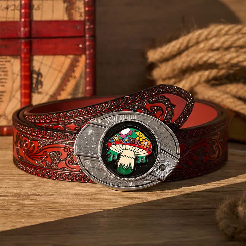 Colorful Hippie Mushroom DIY Hidden Folding Knife Buckle Leather Belt - Colored Mushroom - Brown Carved Belt - 42 - image 6
