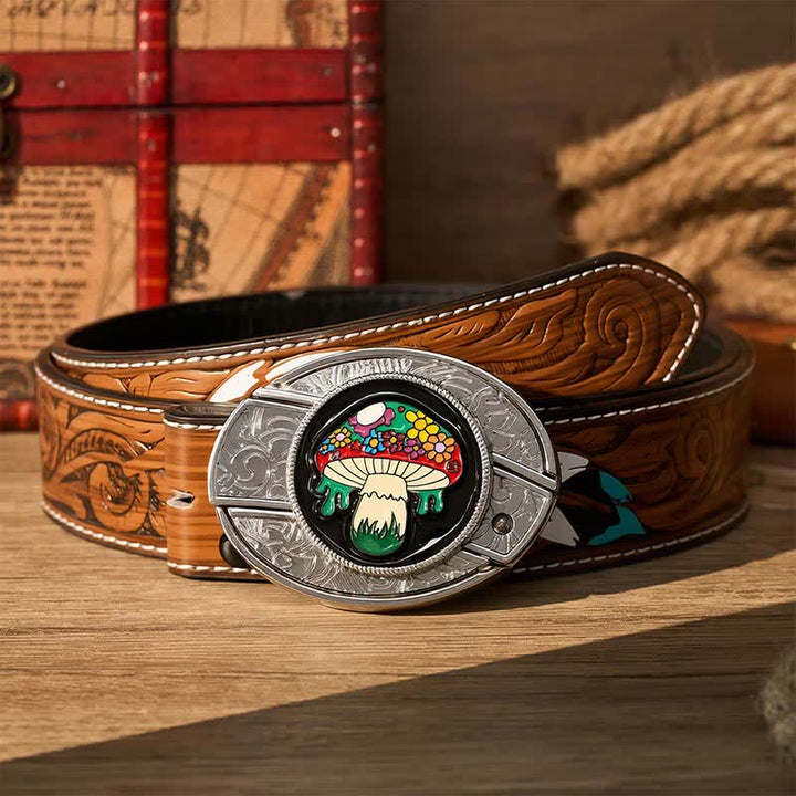Colorful Hippie Mushroom DIY Hidden Folding Knife Buckle Leather Belt - Colored Mushroom - Brown Feather Belt - 40 - image 7
