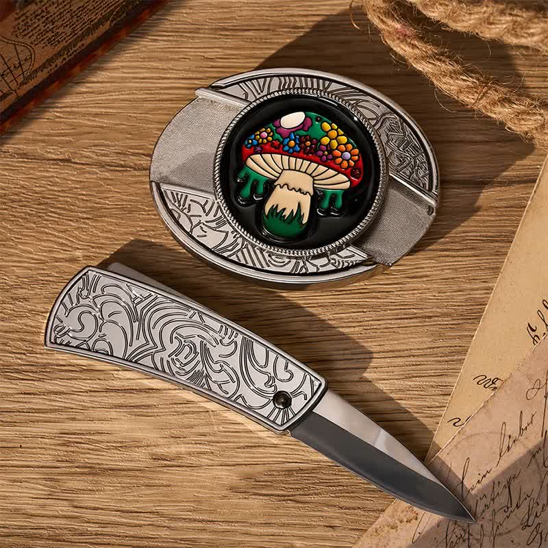 Colorful Hippie Mushroom DIY Hidden Folding Knife Buckle Leather Belt - image 1
