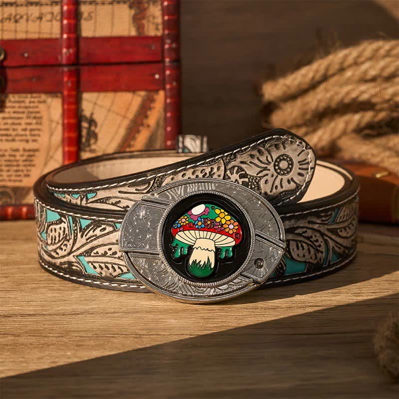Colorful Hippie Mushroom DIY Hidden Folding Knife Buckle Leather Belt - Colored Mushroom - Gray Floral Belt - 42 - image 8