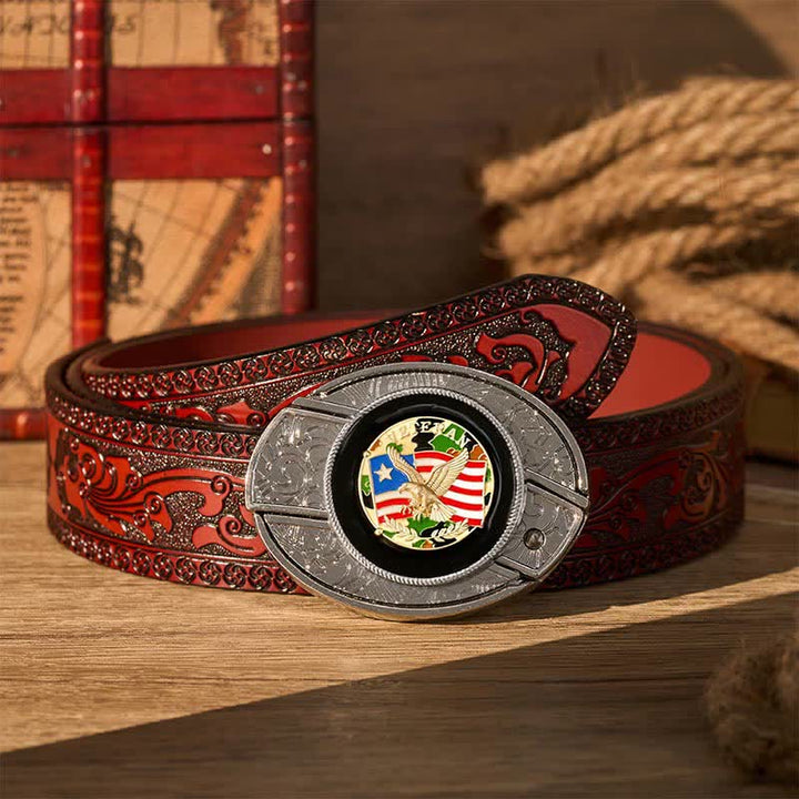 American Flag Camo Eagle DIY Hidden Folding Knife Buckle Leather Belt - Camo Eagle & Flag - Brown Carved Belt - 42 - image 6