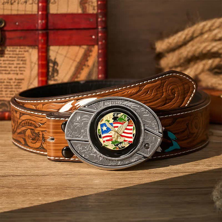 American Flag Camo Eagle DIY Hidden Folding Knife Buckle Leather Belt - Camo Eagle & Flag - Brown Feather Belt - 40 - image 7