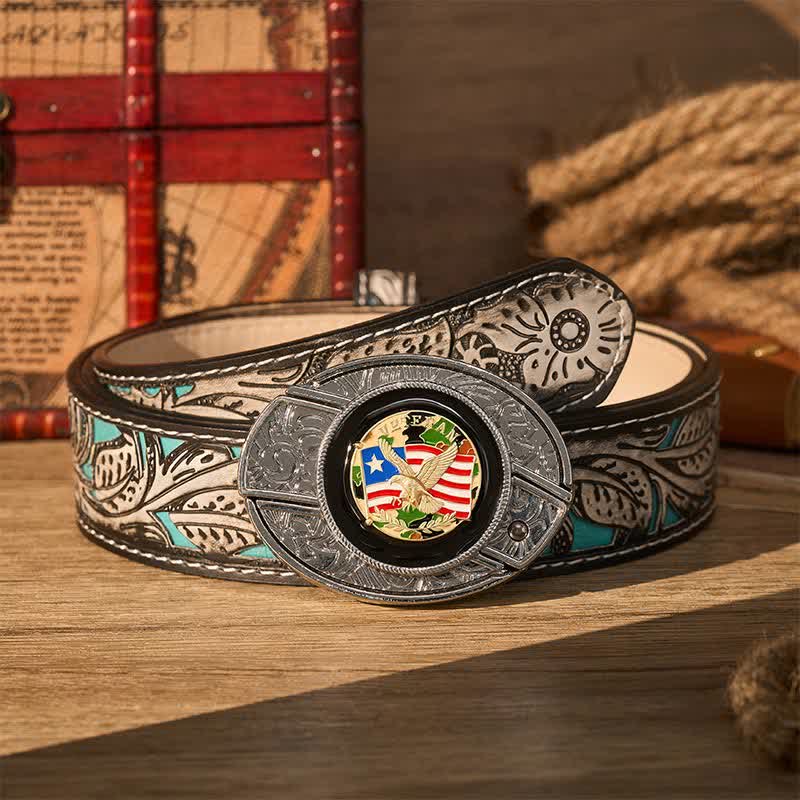 American Flag Camo Eagle DIY Hidden Folding Knife Buckle Leather Belt - Camo Eagle & Flag - Gray Floral Belt - 42 - image 8