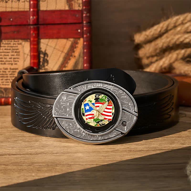 American Flag Camo Eagle DIY Hidden Folding Knife Buckle Leather Belt - Camo Eagle & Flag - Black Embossed Eagle Belt - 42 - image 2