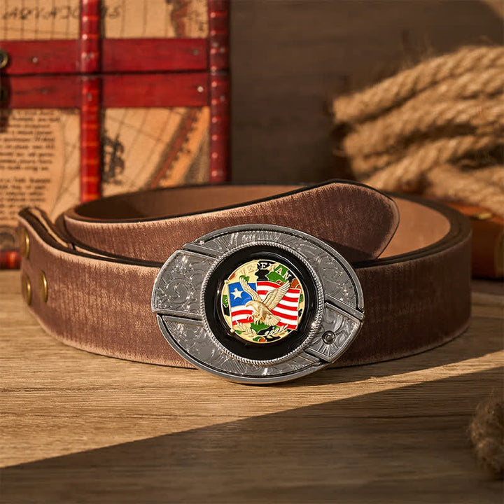 American Flag Camo Eagle DIY Hidden Folding Knife Buckle Leather Belt - Camo Eagle & Flag - Brown Distressed Belt - 42 - image 5