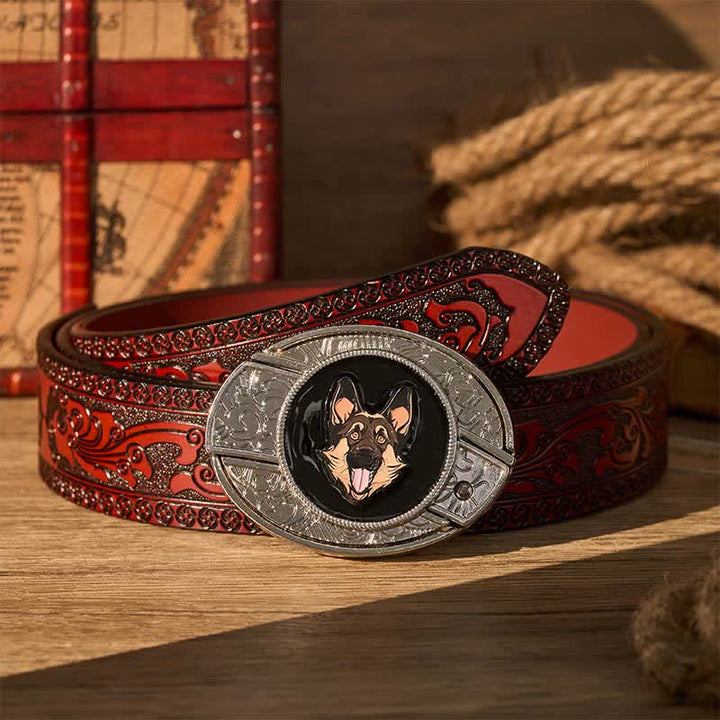 German Shepherd Dog DIY Hidden Folding Knife Buckle Leather Belt - German Shepherd - Brown Carved Belt - 42 - image 6