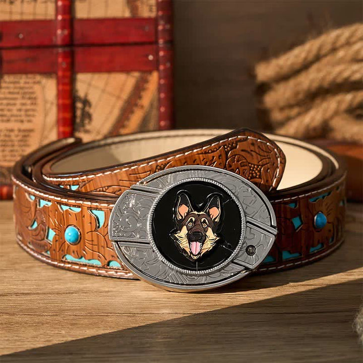 German Shepherd Dog DIY Hidden Folding Knife Buckle Leather Belt - German Shepherd - Turquoise Carved Belt - 42 - image 3