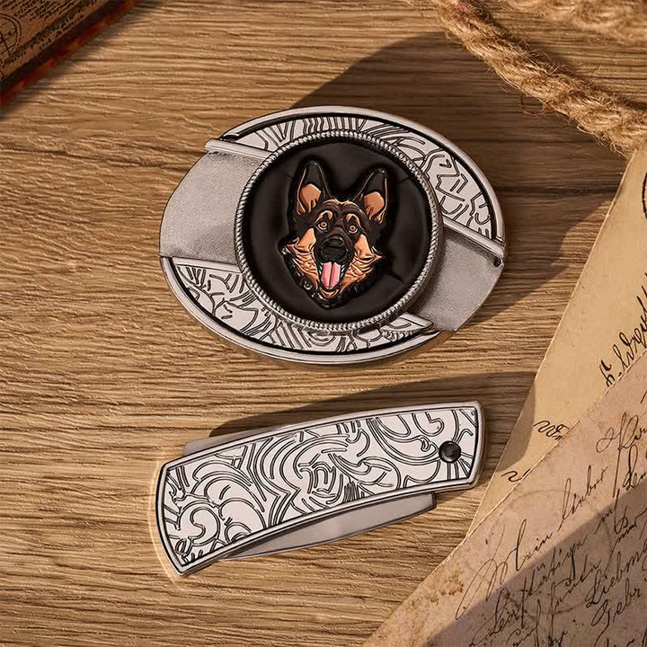 German Shepherd Dog DIY Hidden Folding Knife Buckle Leather Belt - image 9