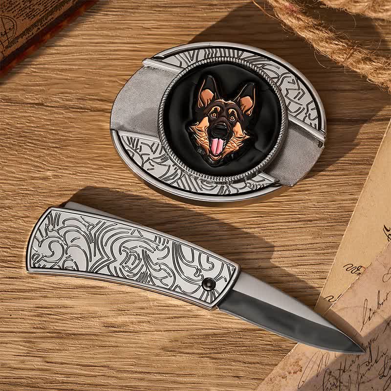 German Shepherd Dog DIY Hidden Folding Knife Buckle Leather Belt - image 1