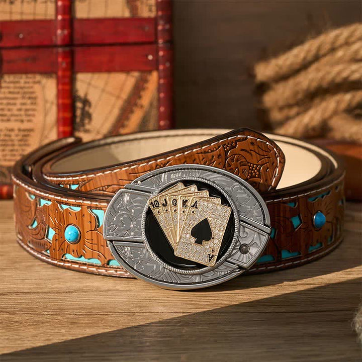 Cowboy Shiny Royal Flush DIY Hidden Folding Knife Buckle Leather Belt - Gold Royal Flush - Turquoise Carved Belt - 42 - image 3