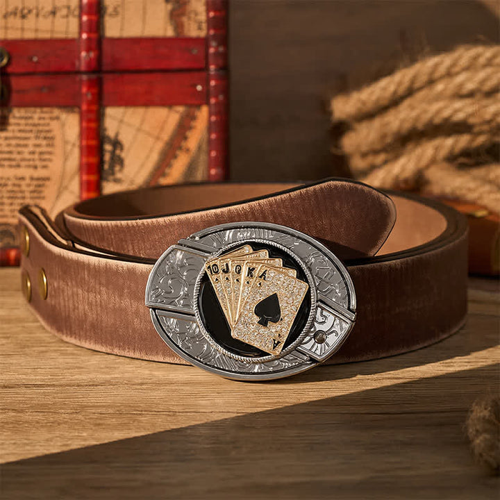 Cowboy Shiny Royal Flush DIY Hidden Folding Knife Buckle Leather Belt - Gold Royal Flush - Brown Distressed Belt - 42 - image 5