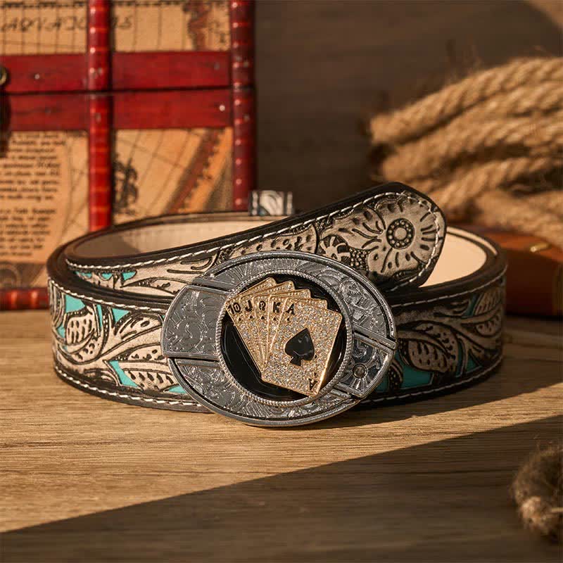 Cowboy Shiny Royal Flush DIY Hidden Folding Knife Buckle Leather Belt - Gold Royal Flush - Gray Floral Belt - 42 - image 8