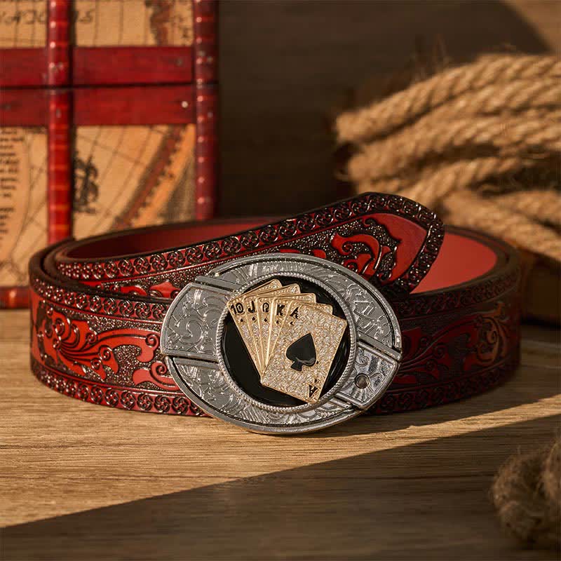 Cowboy Shiny Royal Flush DIY Hidden Folding Knife Buckle Leather Belt - Gold Royal Flush - Brown Carved Belt - 42 - image 6