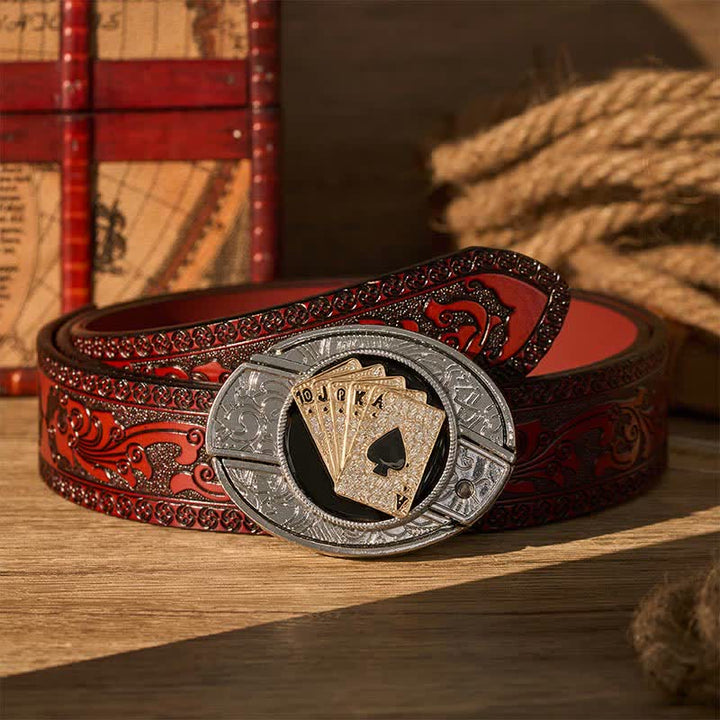 Cowboy Shiny Royal Flush DIY Hidden Folding Knife Buckle Leather Belt - Gold Royal Flush - Brown Carved Belt - 42 - image 6
