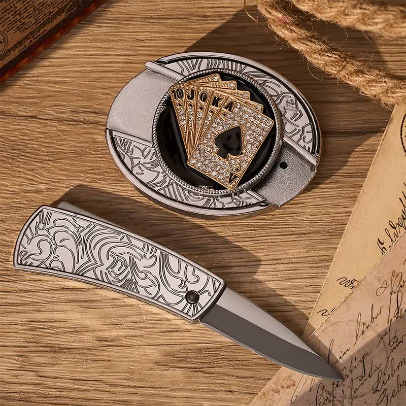 Cowboy Shiny Royal Flush DIY Hidden Folding Knife Buckle Leather Belt - image 1