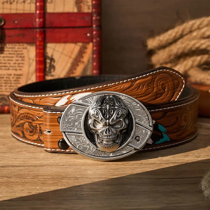 Gothic Baroque Skull DIY Hidden Folding Knife Buckle Leather Belt - Baroque Skull - Brown Feather Belt - 40 - image 7