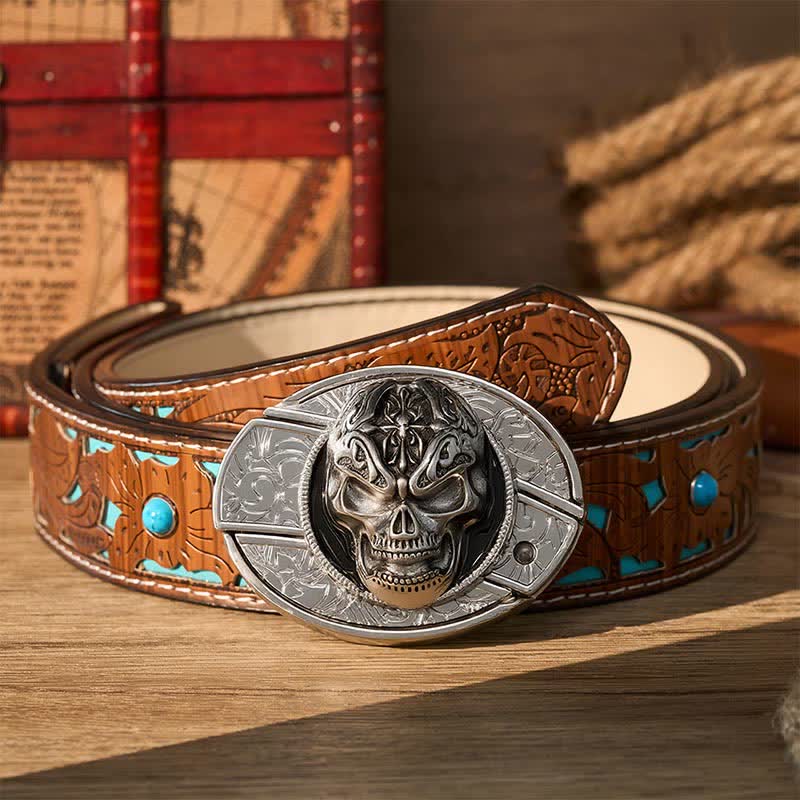 Gothic Baroque Skull DIY Hidden Folding Knife Buckle Leather Belt - Baroque Skull - Turquoise Carved Belt - 42 - image 3
