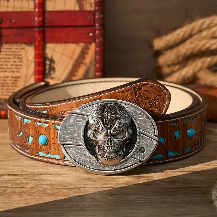 Gothic Baroque Skull DIY Hidden Folding Knife Buckle Leather Belt - Baroque Skull - Turquoise Carved Belt - 42 - image 3