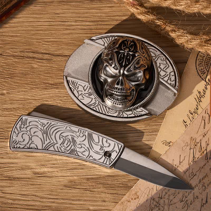 Gothic Baroque Skull DIY Hidden Folding Knife Buckle Leather Belt - image 1
