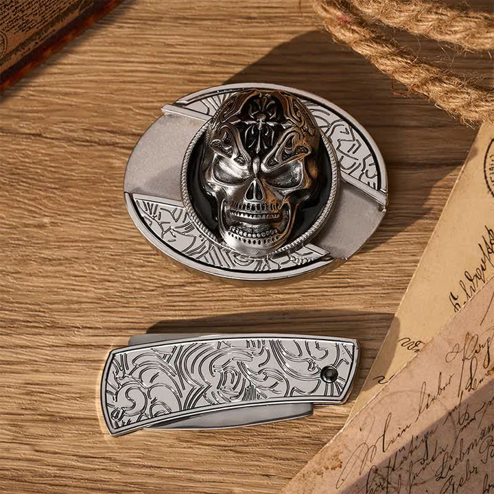 Gothic Baroque Skull DIY Hidden Folding Knife Buckle Leather Belt - image 9