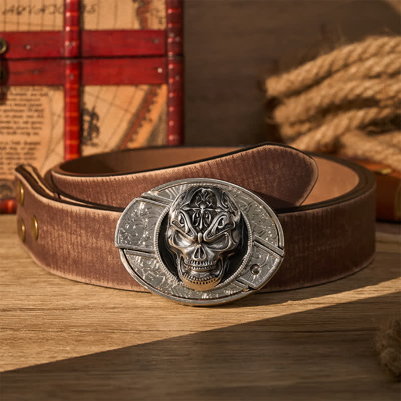 Gothic Baroque Skull DIY Hidden Folding Knife Buckle Leather Belt - Baroque Skull - Brown Distressed Belt - 42 - image 5
