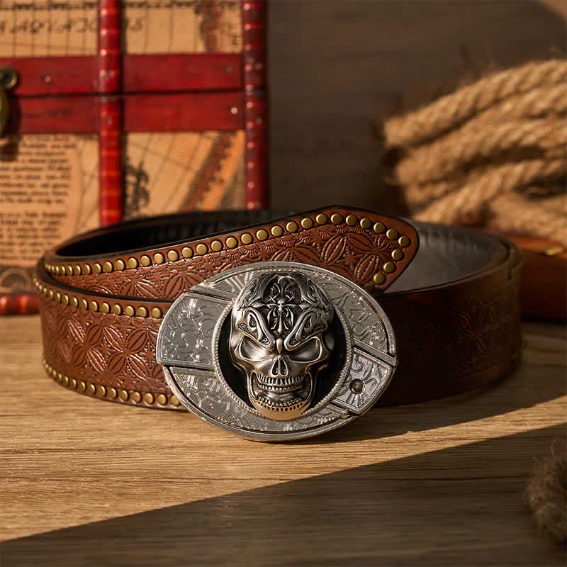 Gothic Baroque Skull DIY Hidden Folding Knife Buckle Leather Belt - Baroque Skull - Brown Rivet Belt - 42 - image 4