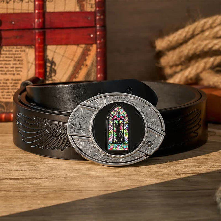 Cute Colored Window Black Cat DIY Hidden Folding Knife Buckle Leather Belt - Black Cat - Black Embossed Eagle Belt - 42 - image 2