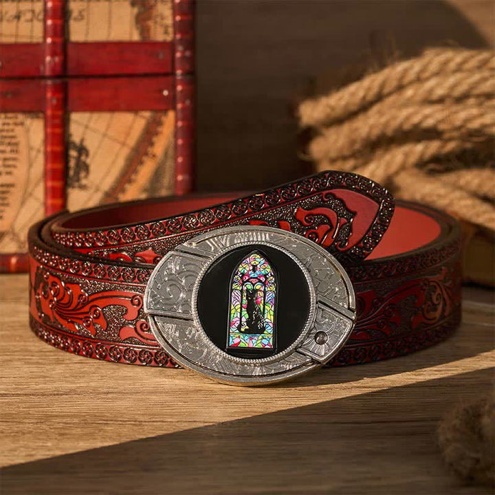 Cute Colored Window Black Cat DIY Hidden Folding Knife Buckle Leather Belt - Black Cat - Brown Carved Belt - 42 - image 6