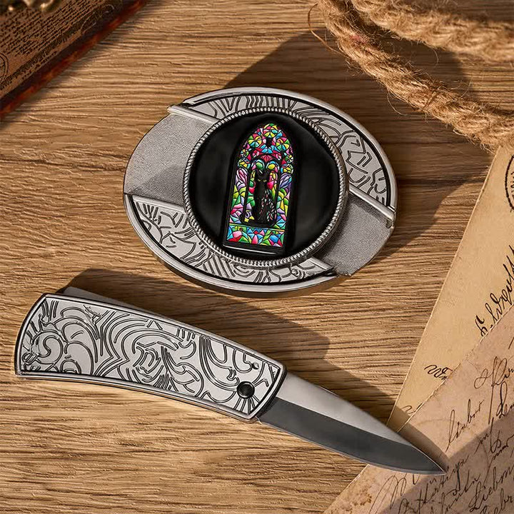 Cute Colored Window Black Cat DIY Hidden Folding Knife Buckle Leather Belt - image 1