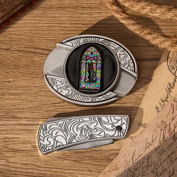 Cute Colored Window Black Cat DIY Hidden Folding Knife Buckle Leather Belt - image 9