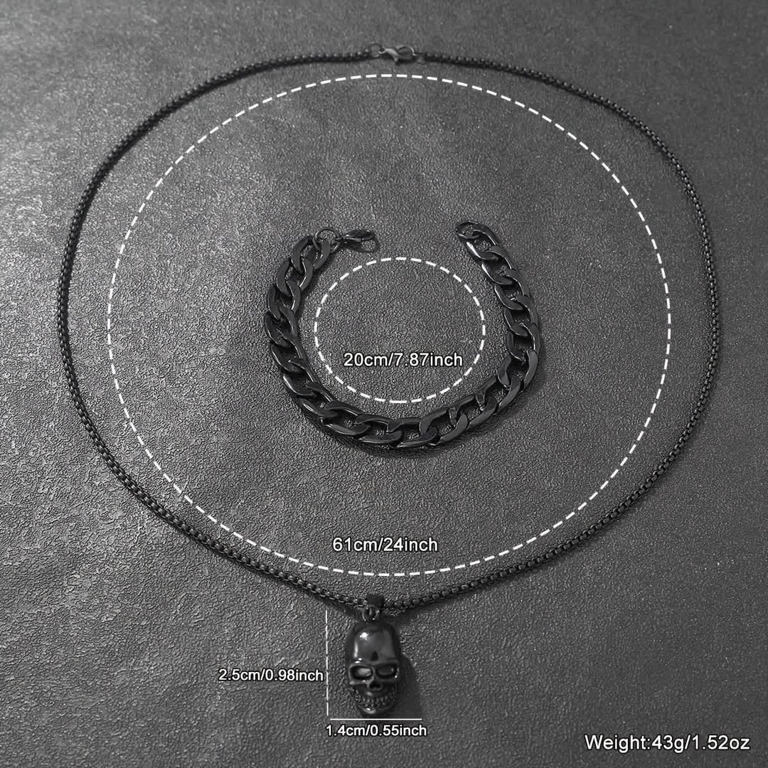 Men's 2Pcs Black Skull Necklace And Cuban Bracelet Set - image 4
