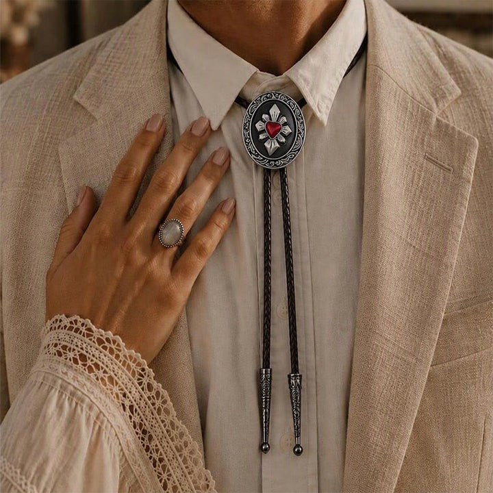 Gothic Western Red Heart Black Enamel Bolo Tie - image 1