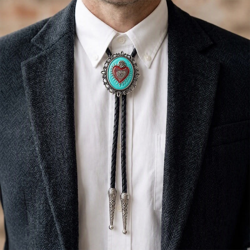 Boho Western Teal Enamel Sacred Heart Bolo Tie - image 1