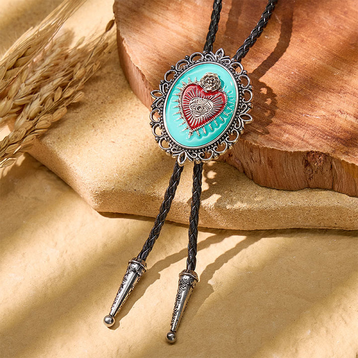 Boho Western Teal Enamel Sacred Heart Bolo Tie - Blue - image 0