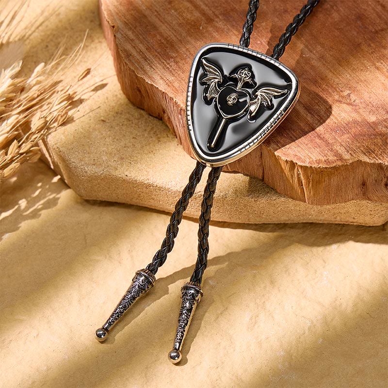 Gothic Western Winged Skull Red Enamel Bolo Tie - Black - image 2