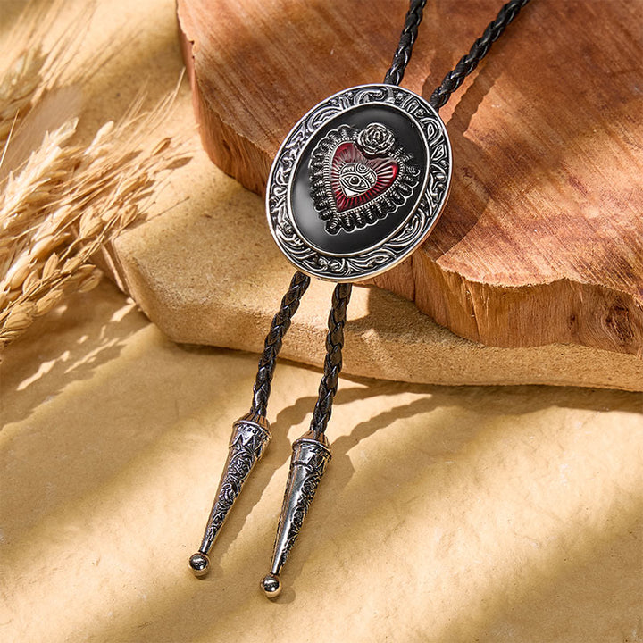 Round Red Enamel Sacred Heart Bolo Tie Vintage - Black - image 2