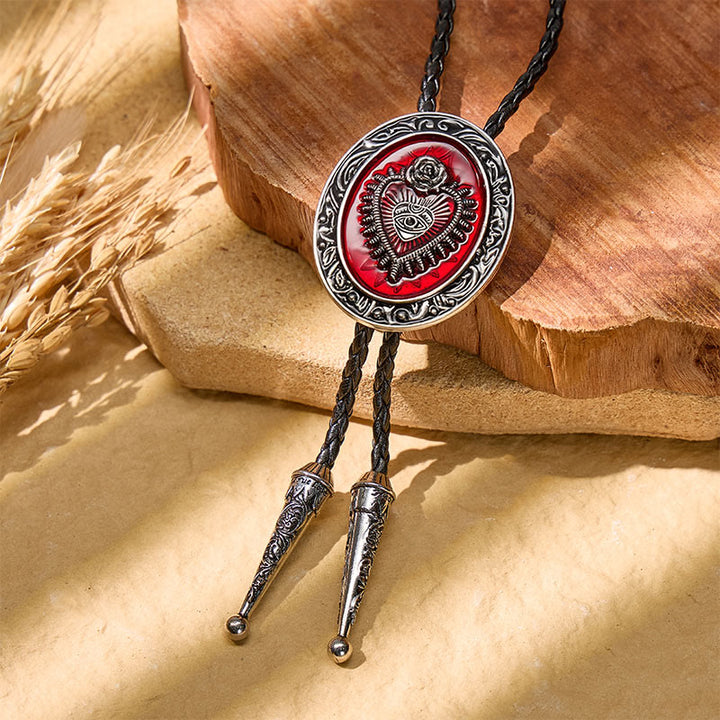 Round Red Enamel Sacred Heart Bolo Tie Vintage - Red - image 0