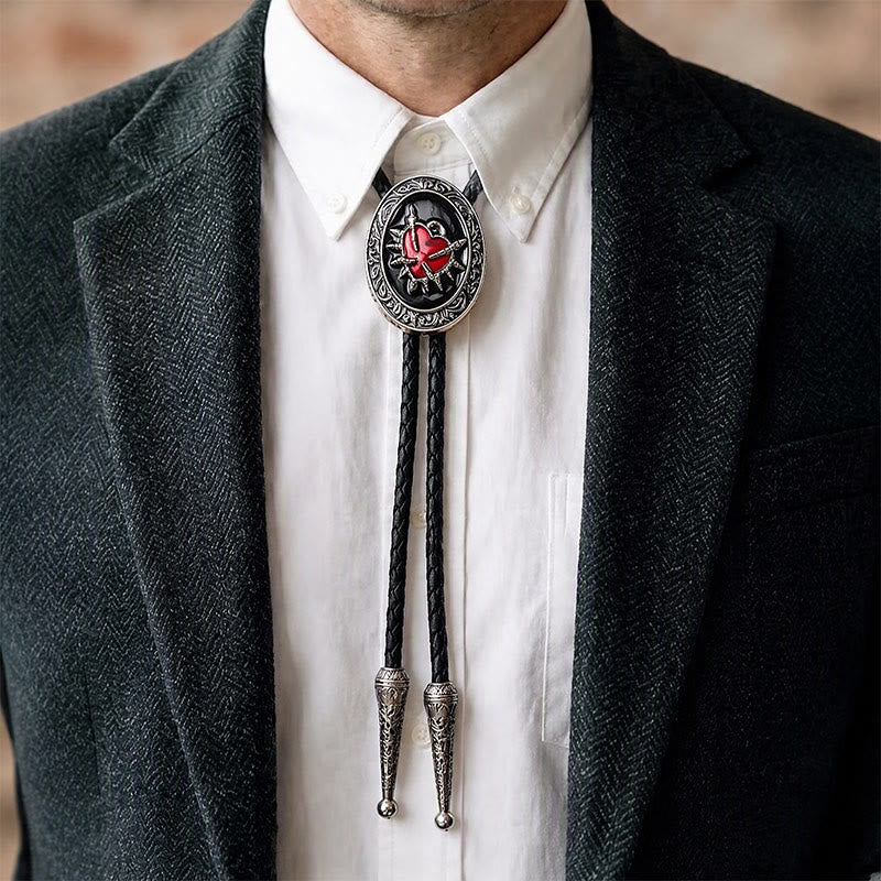 Gothic Black Enamel Flaming Heart Bolo Tie Western - image 1