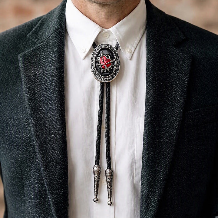 Gothic Black Enamel Flaming Heart Bolo Tie Western - image 1